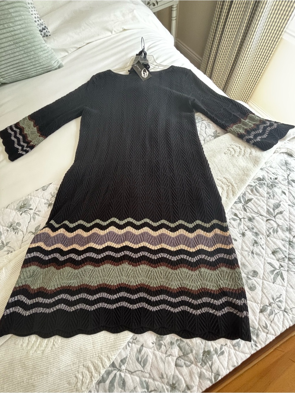 Nine West Black Long-Sleeve Knit Dress with Multicolor Stripe Hem